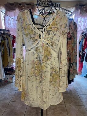 lovestitch Cream Floral Long Sleeve Crochet‑Trim Dress